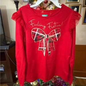 Red Long Sleeve Tee with Plaid Bow. Size 7.